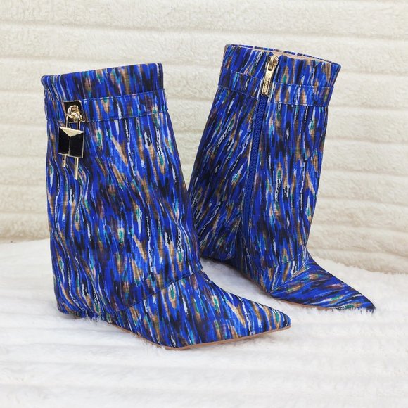 Valley Blue Multi Wedge Heel Fold Over Skirted Ankle Boots - Picture 2 of 11
